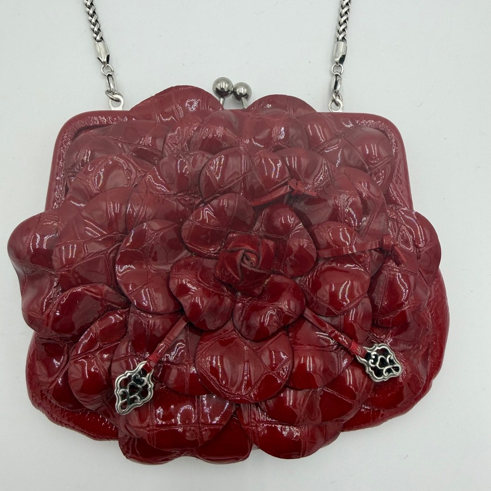 Brighton Red Patent Leather 3D Roselie Crossbody Bag Floral Kiss Lock Clutch